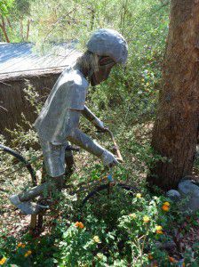 Copper and lead original cyclist garden ornament statue.