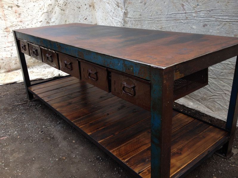 vintage industrial bench with drawers